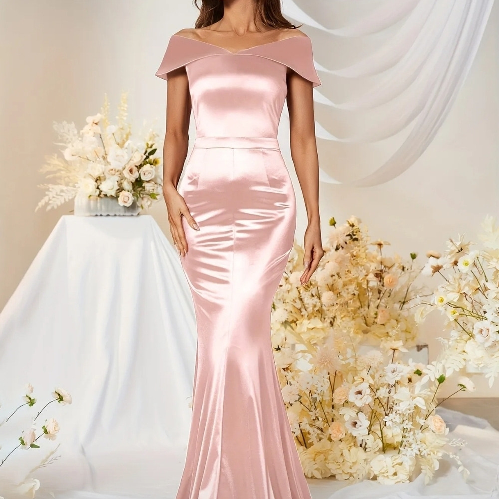 Elegant Pink Off-Shoulder Satin Gown